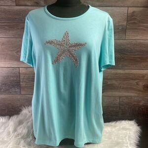 Coral Bay Ladies Mint Green Top with Embellished Star Fish, Size Petite XL ,PXL